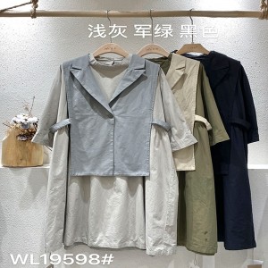 Loose-fitting design Minimalist Stylish Casual Solid color Printed color cotton and linen oversized custom 19598 Shirt Dresses + Waistcoat