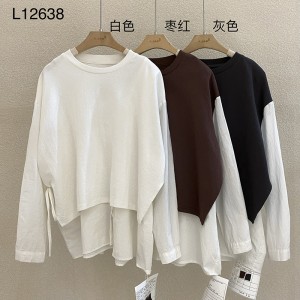 Loose-fitting design Minimalist Round Collar style Stitched sleeve style Casual Solid color cotton and linen oversized custom 12638 False two-pieces Sweatshirts