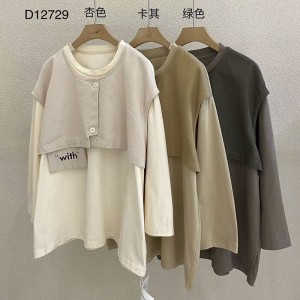 Loose-fitting design Minimalist Round Collar style Stitched sleeve style Casual Solid color cotton and linen oversized custom 12729 False two-pieces Sweatshirts