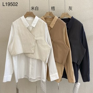 Loose-fitting design Minimalist Stylish Casual Solid color Striped Checked oversized custom 19502 Loose Shirt + Waistcoat